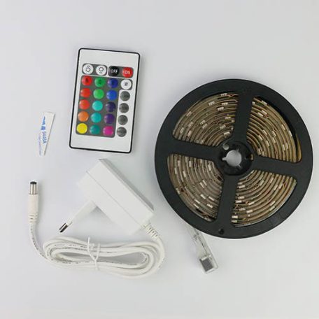 RGB Led szalag csomag, 3 méter IP65 vízálló RGB Led szalag, 30 Ledes, 24 gombos infrás vezérlő, 1,5A tápegység. Life Light Led.